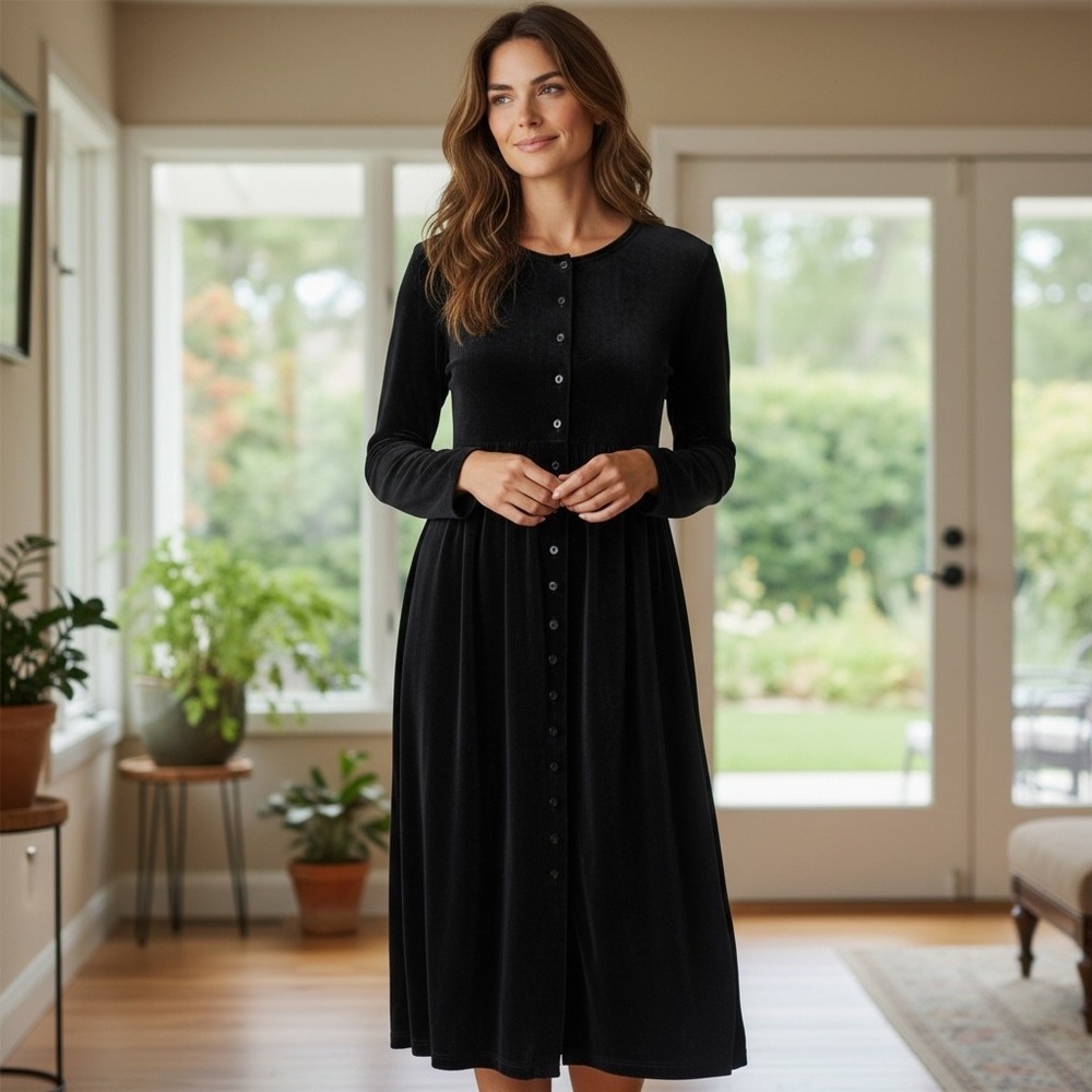 Sarah‎ Chapman Velvet Button Front Dress Womens Small Petite Black Midi Velour